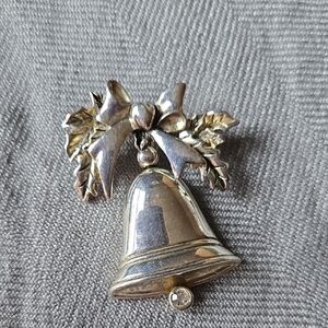 Silver Bell Brooch with Bow and Leaf Design